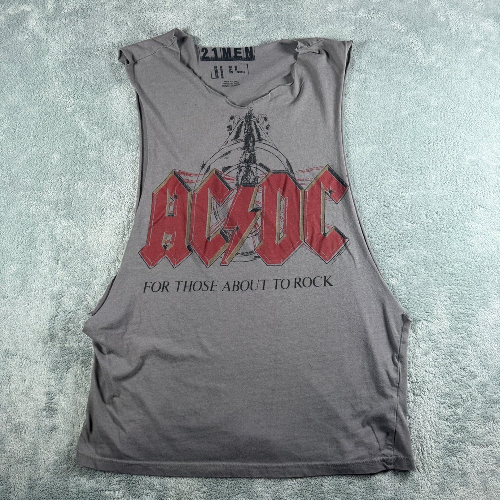 21 Men AC/DC For Those About To Rock Muscle Tank Top Gray Mens Medium Distressed
